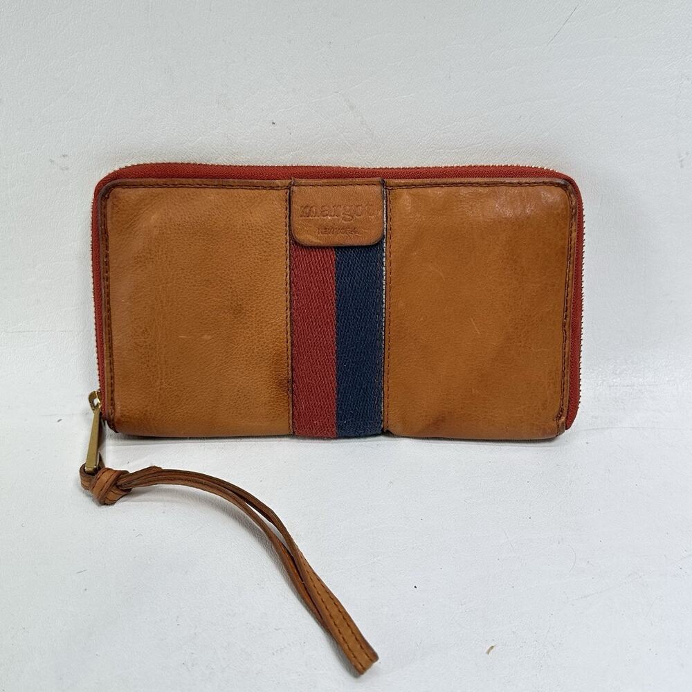 Vtg MARGOT New York Gabby Wallet Wristlet Cognac Leather Blue Red Canvas Striped